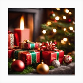 Christmas Presents On The Fireplace Canvas Print