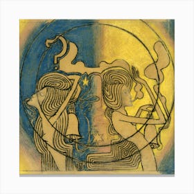 Two stylized female figures with clock in hand Canvas Print