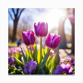 Bouquet Of Vibrant Purple Tulips Rising Toward A Majestic Sun In A Lush Spring Park Three Graceful (4) Canvas Print