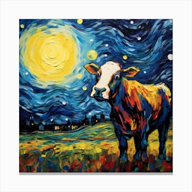 Colorful Cow Under The Night Sky Canvas Print