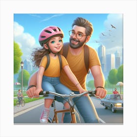 Father And Daughter Riding Bikes 2 Canvas Print
