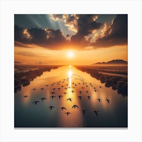 Flock Of Geese Flying Over The River Canvas Print