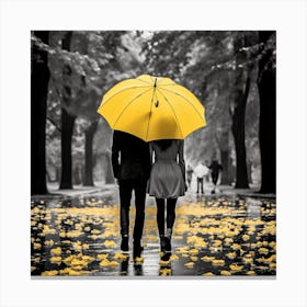 Couple Holding Yellow Umbrella In The Rain Canvas Print