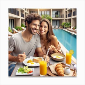 Couple Having Breakfast At Hotel Canvas Print