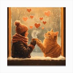 Cat and Person Sharing Hot Cocoa Artwork 6 Canvas Print