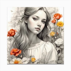 Girl With Flowers, wall art, painting design Canvas Print