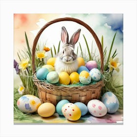 Photo of Bunny in a basket in grass, and vibrant Easter eggs, and loose watercolor stains on background Toile