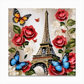 Paris With Roses And Butterflies 2 Canvas Print