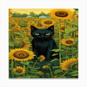 Black Cat In Sunflower Field Canvas Print