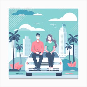 Couple Sitting On The Car Canvas Print