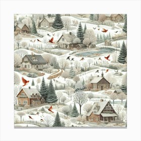 Winter Village With Cozy Houses, Trees And Red Birds Canvas Print