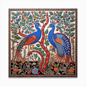 Peacocks On A Tree Madhubani Painting Indian Traditional Style 1 Canvas Print