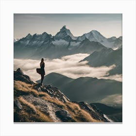 Person Standing On Top Of Mountain Canvas Print