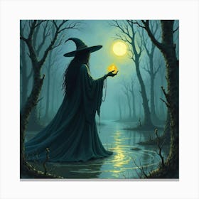 Dark Sorceress Conjuring Spells In An Eerie Swamp, Watercolor Design 1 Canvas Print