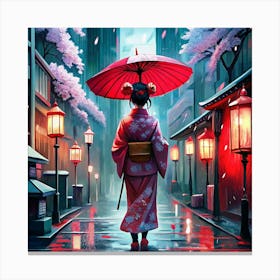 Woman In Kimono Walking In Rainy City Street Canvas Print