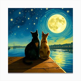 Two Cats Watching The Moon Canvas Print