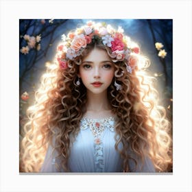 Portrait Of A Whimsical Girl Adorned With A Floral Skeleton Wreath Encircling Her Curly Locks Long Canvas Print