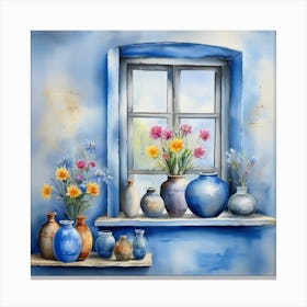 Blue wall. Open window. From inside an old-style room. Silver in the middle. There are several small pottery jars next to the window. There are flowers in the jars Spring oil colors. Wall painting.49 Canvas Print