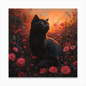 Black Cat in a Floral Sunset Garden 6 Canvas Print