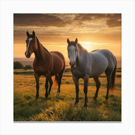 Leonardo Vision Xl Horses Graze On Grass At Sunset 2 Canvas Print