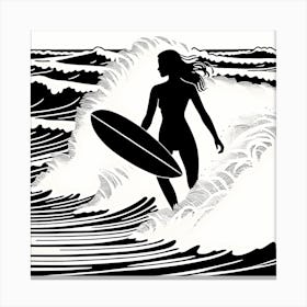 Linocut Black And White Surfer Girl On A Wave art, surfing art, 251 Canvas Print