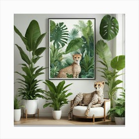 Indoor Tropical Plant Jungle With Cheetah Art Print 3 Canvas Print