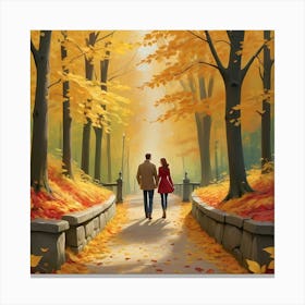 Autumn Couple Walking In The Park Canvas Print