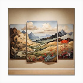 Three Paintings Of Mountains And Flowers Canvas Print