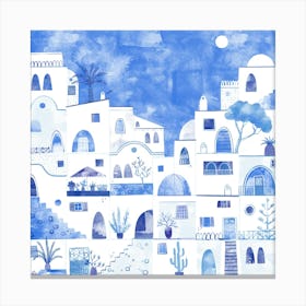 Oia Santorini Greece Blue and White Watercolor Townscape Canvas Print