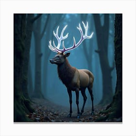 A Majestic Stag With Antlers Of Glowing, Bioluminescent Patterns Standing In A Magical Forest Canvas Print