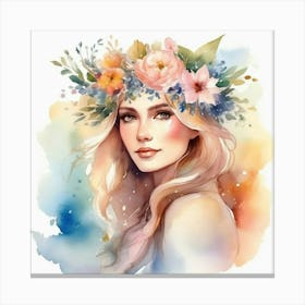 Watercolor Of A Girl With Flowers Canvas Print