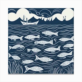 Fish In The Sea Linocut 4 Canvas Print