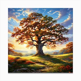 Majestic Oak Tree With Sprawling Branches Located In The Center Of A Serene Meadow Sunlight Filter 445022442 (2) Canvas Print