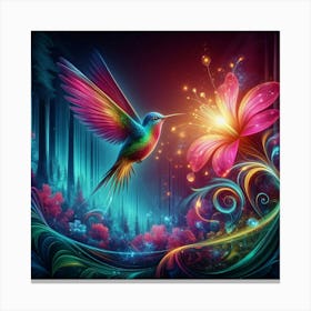 Create An Image High Definition Colorful Of A Hummingbird In A Neon Flower With An Ethereal Light The Landscape Is A Magical Forest 2 Canvas Print