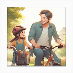 Father And Daughter Riding Bicycle 🚲  Canvas Print