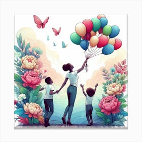 Mother And Children Holding Balloons Canvas Print