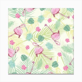 Beautiful Seamless Vector Tropical Pattern Background With Flamingo Hibiscus Canvas Print