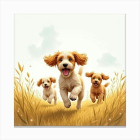 A Lively Cockapoo Running In A Field With A Family, Watercolor 1 Canvas Print