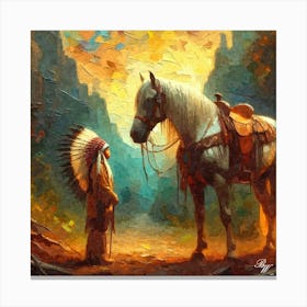 Young Native American Youth With Horse 3 Oil Texture Canvas Print