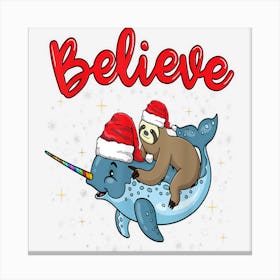 Believe Sloth Riding Narwhals With Santa Hat Christmas Xmas Canvas Print