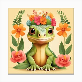 Floral Baby Iguana Nursery Illustration (19) Canvas Print