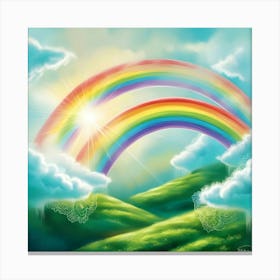 A Vibrant, Multicolored Rainbow Bridges The Turquoise Sky And Lush, Emerald Green Landscape, With Soft, Wispy Clouds Scattered Across The Heavens, Radiating A Warm, Golden Light That Illuminates The Dreamy, Ethereal Atmosphere 2 Canvas Print