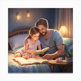 Father And Daughter Reading In Bed Canvas Print