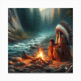 Oil Texture Native American Mother And Daughter By Stream 3 Copy Canvas Print