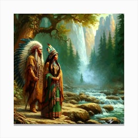 Oil Texture Native American Couple By Stream 9 Copy Canvas Print