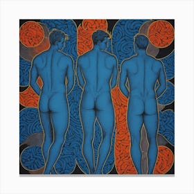Three Nude Gay Men in Red and Blue Canvas Print