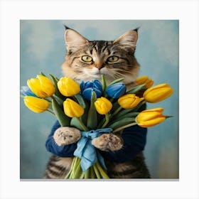 Cat Holding Tulips Canvas Print