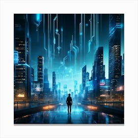 Ai Encapsulates A Futuristic Cityscape Algorithms Visualized As Glowing Streams Flowing Into Encryp Canvas Print