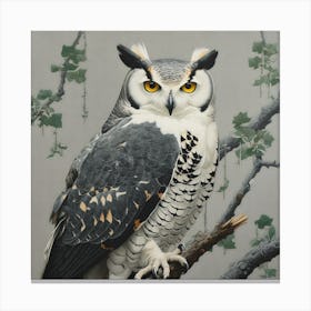 Ohara Koson Inspired Bird Painting Great Horned Owl 2 Square Canvas Print