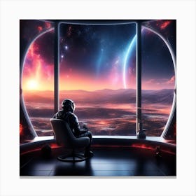 The Image Depicts A Futuristic Space Scene With A Man Sitting On A Couch In Front Of A Large Window That Offers A Breathtaking View Of The Galaxy Canvas Print